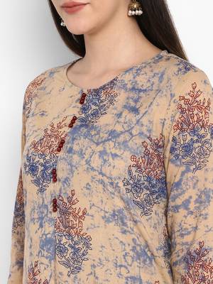 Beige Printed Round neck Knee long Cotton Straight Kurta & Kurti for Women 6