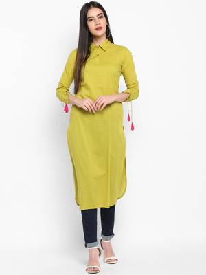 Green Plain Solid Shirt collor Knee long Cotton Straight Kurta & Kurti for Women 1