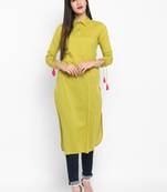 Green Plain Solid Shirt collor Knee long Cotton Straight Kurta & Kurti for Women