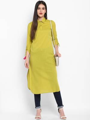 Green Plain Solid Shirt collor Knee long Cotton Straight Kurta & Kurti for Women 2