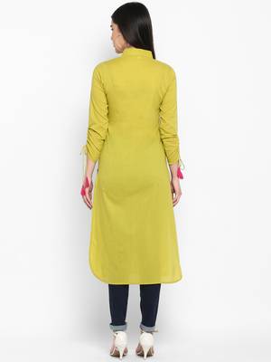 Green Plain Solid Shirt collor Knee long Cotton Straight Kurta & Kurti for Women 3
