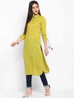 Green Plain Solid Shirt collor Knee long Cotton Straight Kurta & Kurti for Women 4