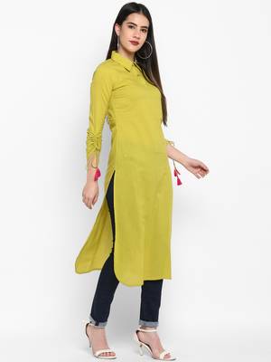 Green Plain Solid Shirt collor Knee long Cotton Straight Kurta & Kurti for Women 5