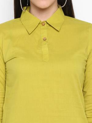Green Plain Solid Shirt collor Knee long Cotton Straight Kurta & Kurti for Women 6