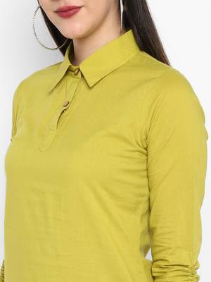 Green Plain Solid Shirt collor Knee long Cotton Straight Kurta & Kurti for Women 7