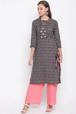 women's embroidered straight cotton grey kurti with palazzo set 7