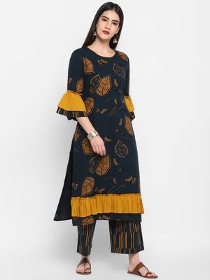 Black printed Frill Sleeve Round neck Knee long Cotton Slub Straight Kurta & Kurti for Women 2