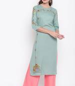 women's embroidered straight rayon light green kurti with palazzo set