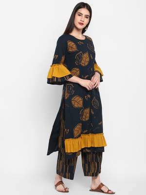 Black printed Frill Sleeve Round neck Knee long Cotton Slub Straight Kurta & Kurti for Women 5