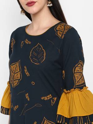 Black printed Frill Sleeve Round neck Knee long Cotton Slub Straight Kurta & Kurti for Women 6