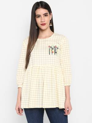 OFF white Embroidered Round neck Mid thigh Cuff sleeve Cotton Slub Anarkali Top for Women 1