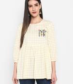 OFF white Embroidered Round neck Mid thigh Cuff sleeve Cotton Slub Anarkali Top for Women