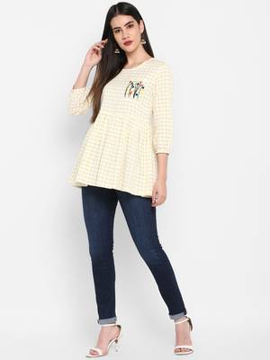 OFF white Embroidered Round neck Mid thigh Cuff sleeve Cotton Slub Anarkali Top for Women 3