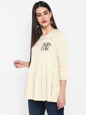 OFF white Embroidered Round neck Mid thigh Cuff sleeve Cotton Slub Anarkali Top for Women 5