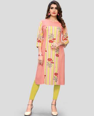 women's printed straight rayon peach kurti 1