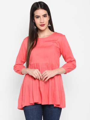 Peach Plain Solid Round neck Mid thigh Cuff sleeve Rayon Slub Anarkali Top for Women 1