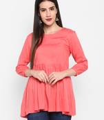 Peach Plain Solid Round neck Mid thigh Cuff sleeve Rayon Slub Anarkali Top for Women