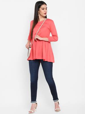 Peach Plain Solid Round neck Mid thigh Cuff sleeve Rayon Slub Anarkali Top for Women 2