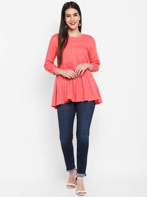 Peach Plain Solid Round neck Mid thigh Cuff sleeve Rayon Slub Anarkali Top for Women 3