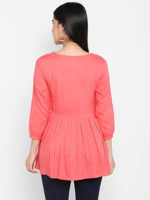 Peach Plain Solid Round neck Mid thigh Cuff sleeve Rayon Slub Anarkali Top for Women 4