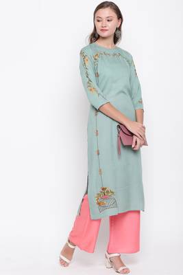 women's embroidered straight rayon light green kurti with palazzo set 7