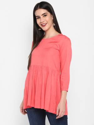 Peach Plain Solid Round neck Mid thigh Cuff sleeve Rayon Slub Anarkali Top for Women 5