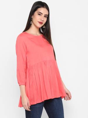 Peach Plain Solid Round neck Mid thigh Cuff sleeve Rayon Slub Anarkali Top for Women 6