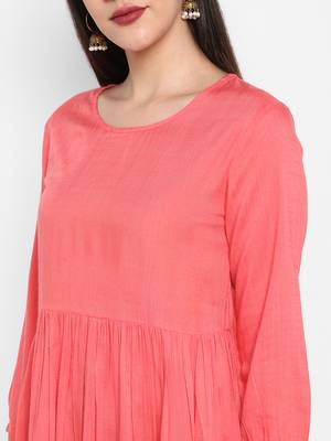 Peach Plain Solid Round neck Mid thigh Cuff sleeve Rayon Slub Anarkali Top for Women 7