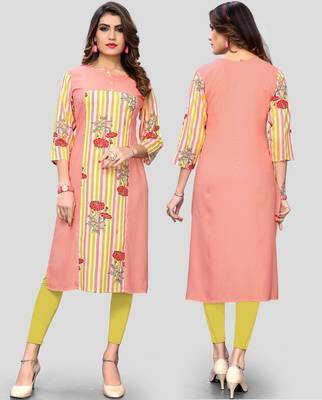 women's printed straight rayon peach kurti 5