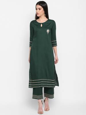 Bottle green Plain Solid Round neck Knee long Rayon Gota work Straight Kurta & Kurti Palazzo set for Women 1