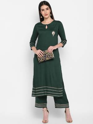 Bottle green Plain Solid Round neck Knee long Rayon Gota work Straight Kurta & Kurti Palazzo set for Women 2