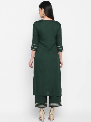 Bottle green Plain Solid Round neck Knee long Rayon Gota work Straight Kurta & Kurti Palazzo set for Women 3