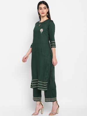 Bottle green Plain Solid Round neck Knee long Rayon Gota work Straight Kurta & Kurti Palazzo set for Women 4