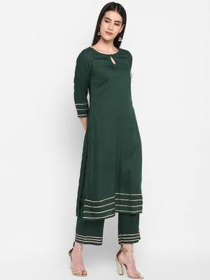 Bottle green Plain Solid Round neck Knee long Rayon Gota work Straight Kurta & Kurti Palazzo set for Women 5