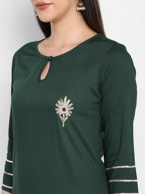 Bottle green Plain Solid Round neck Knee long Rayon Gota work Straight Kurta & Kurti Palazzo set for Women 6