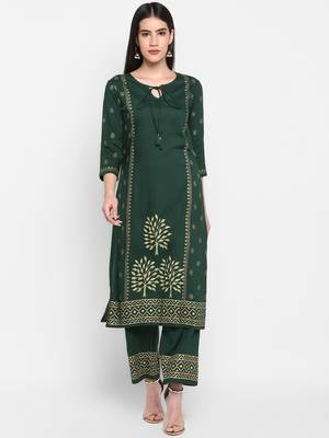 Bottle green Block printed Round neck Knee long Rayon Straight Kurta & Kurti Palazzo set for Women 1