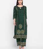 Bottle green Block printed Round neck Knee long Rayon Straight Kurta & Kurti Palazzo set for Women
