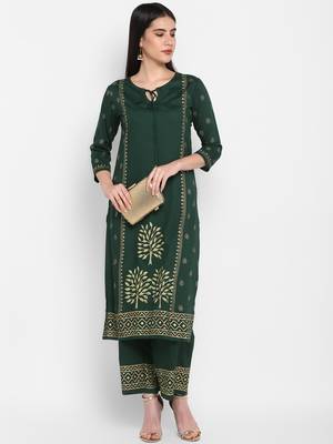 Bottle green Block printed Round neck Knee long Rayon Straight Kurta & Kurti Palazzo set for Women 2