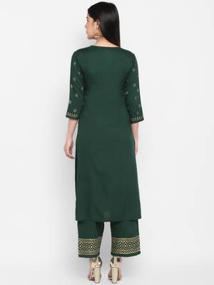 Bottle green Block printed Round neck Knee long Rayon Straight Kurta & Kurti Palazzo set for Women 3