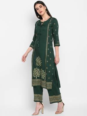 Bottle green Block printed Round neck Knee long Rayon Straight Kurta & Kurti Palazzo set for Women 4
