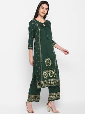 Bottle green Block printed Round neck Knee long Rayon Straight Kurta & Kurti Palazzo set for Women 5
