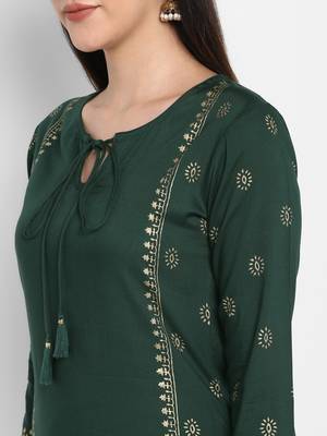 Bottle green Block printed Round neck Knee long Rayon Straight Kurta & Kurti Palazzo set for Women 6