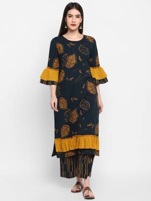Black printed Frill Sleeve Round neck Knee long Cotton Slub Straight Kurta & Kurti Palazzo set for Women 1