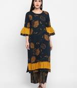 Black printed Frill Sleeve Round neck Knee long Cotton Slub Straight Kurta & Kurti Palazzo set for Women