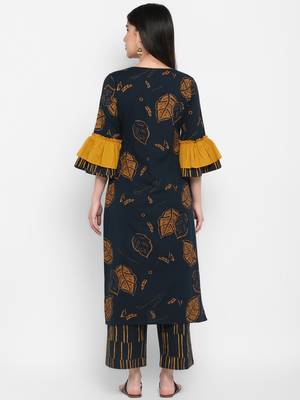 Black printed Frill Sleeve Round neck Knee long Cotton Slub Straight Kurta & Kurti Palazzo set for Women 3