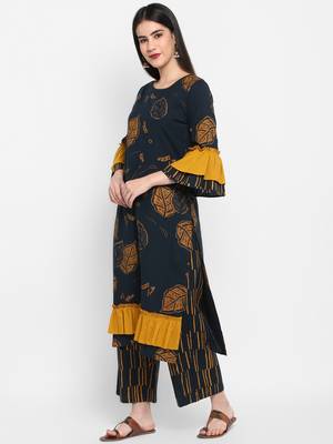 Black printed Frill Sleeve Round neck Knee long Cotton Slub Straight Kurta & Kurti Palazzo set for Women 4