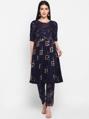 Navy Gold foil printed Round neck Knee long Rayon Anarkali Kurta & Kurti Pants set for Women 1