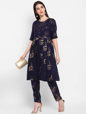 Navy Gold foil printed Round neck Knee long Rayon Anarkali Kurta & Kurti Pants set for Women 2