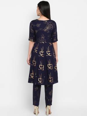 Navy Gold foil printed Round neck Knee long Rayon Anarkali Kurta & Kurti Pants set for Women 3