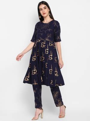 Navy Gold foil printed Round neck Knee long Rayon Anarkali Kurta & Kurti Pants set for Women 4